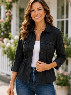 Larry Levine Stretch Black Drawcord Denim Style Jacket Lightweight Size S